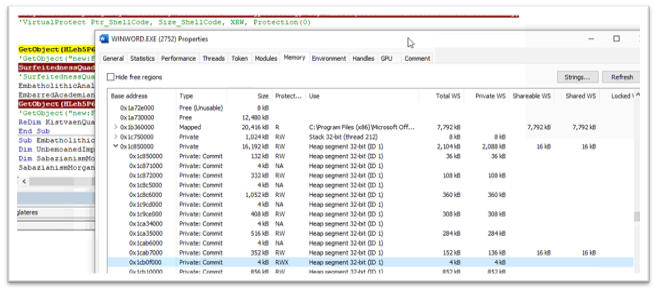 Figure 11- Shellcode’s memory and protection after calling VirtualProtect()