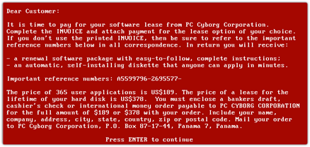 Early example of ransomware - Source, Wikipedia