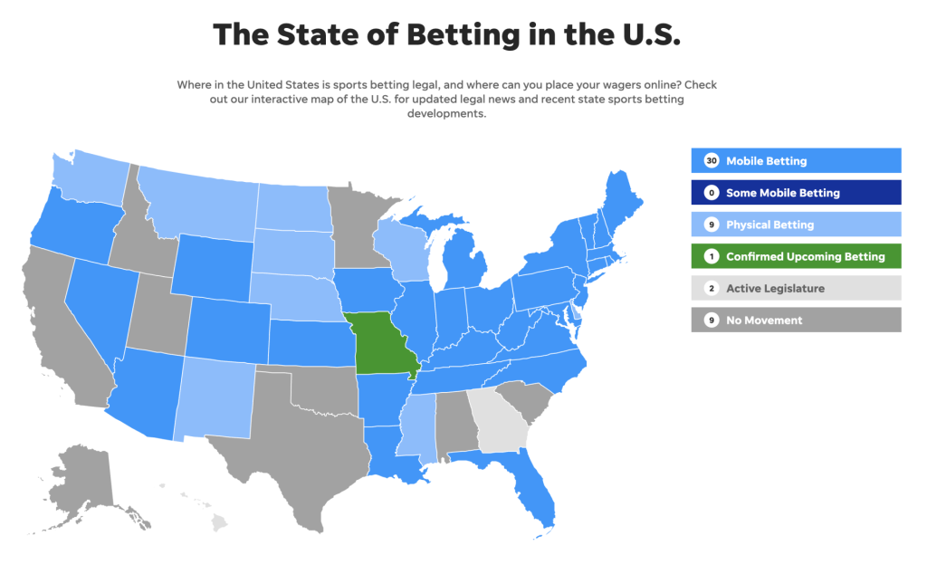 Map of US states that have legalized sports betting.