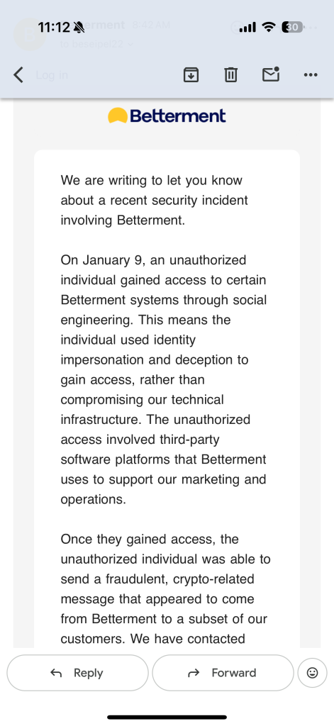 An image of Betterment's email to customers.