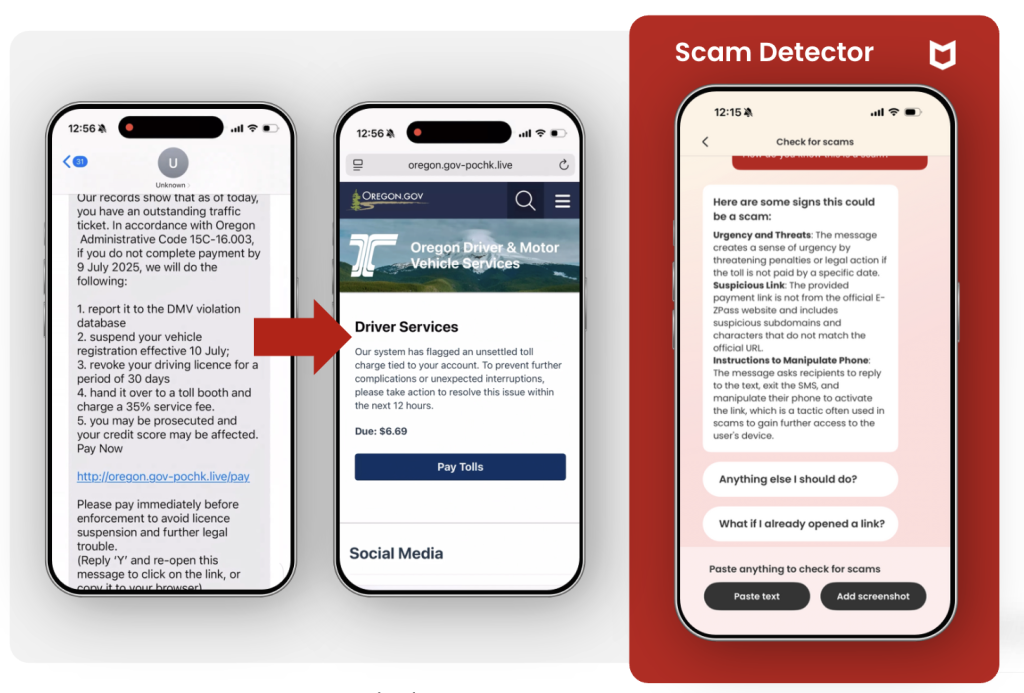 Figure 1: An example of a suspicious text being flagged by McAfee’s Scam Detector 