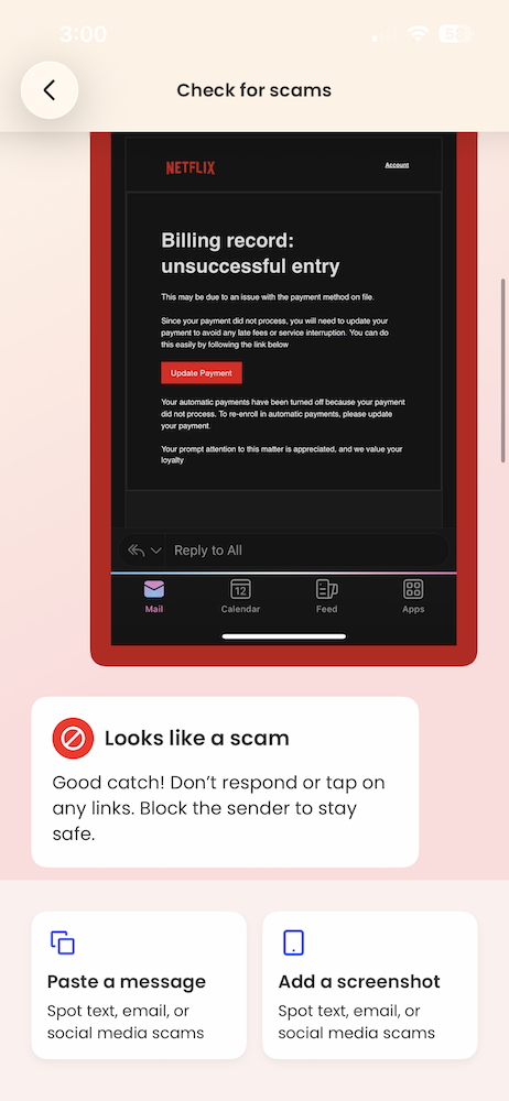 Example of McAfee detecting the Netflix phishing scam