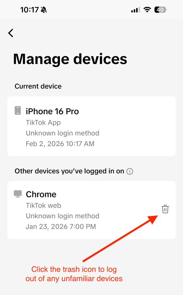 Figure 1: How to remove TikTok logins from other devices. 