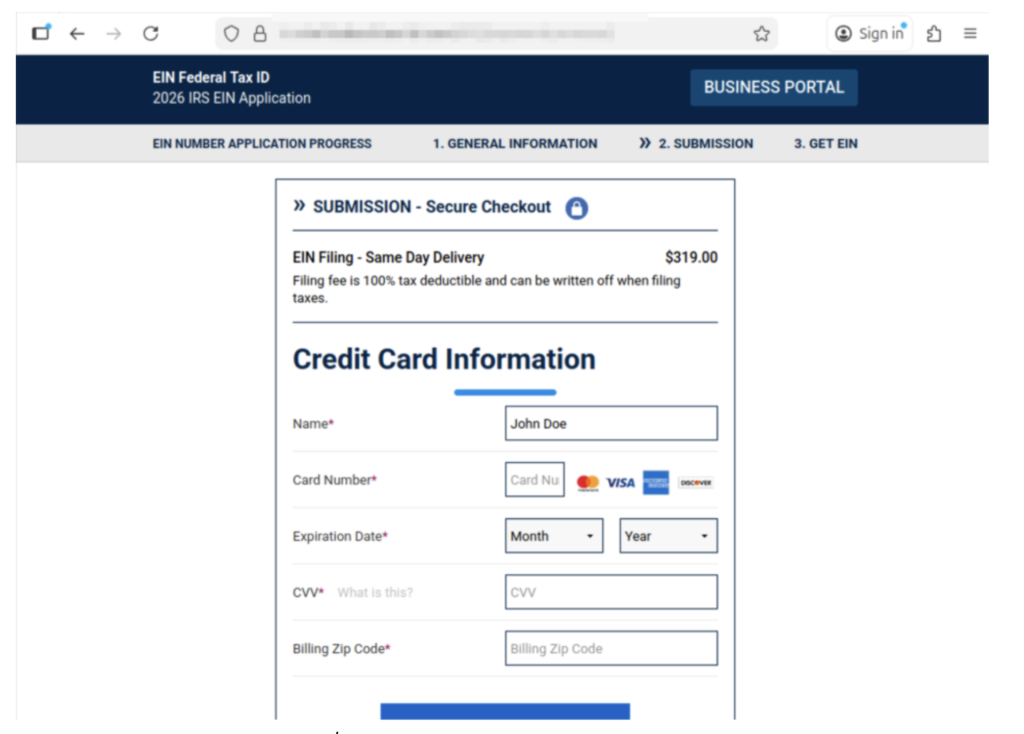 Here it shows them charging $319 for an EIN, and collecting their personal information.