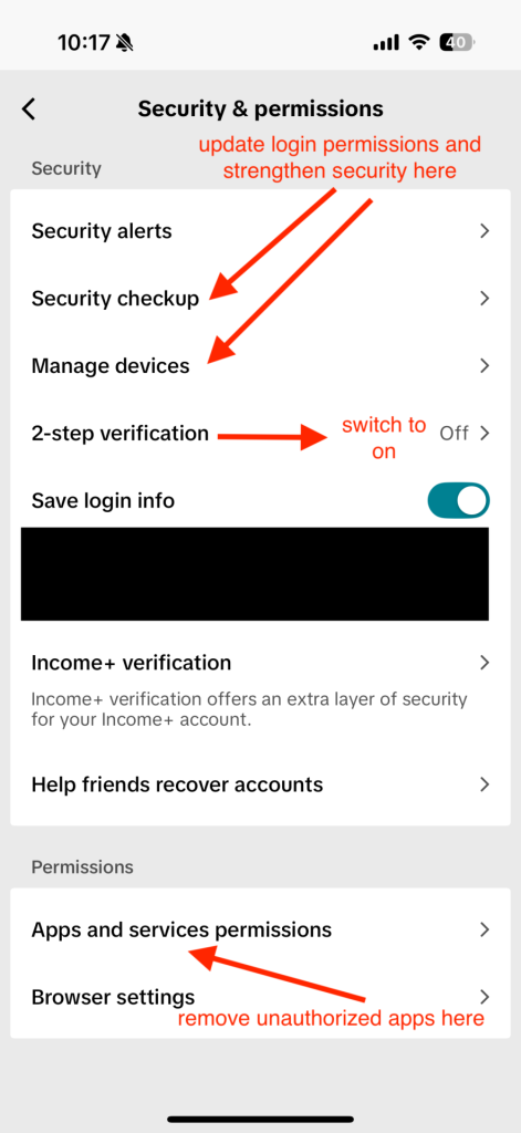 Figure 2: Where in “Security & permissions” to find security updates and 2FA. 