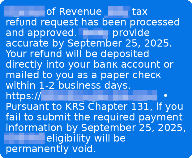 Example of a tax scam text message