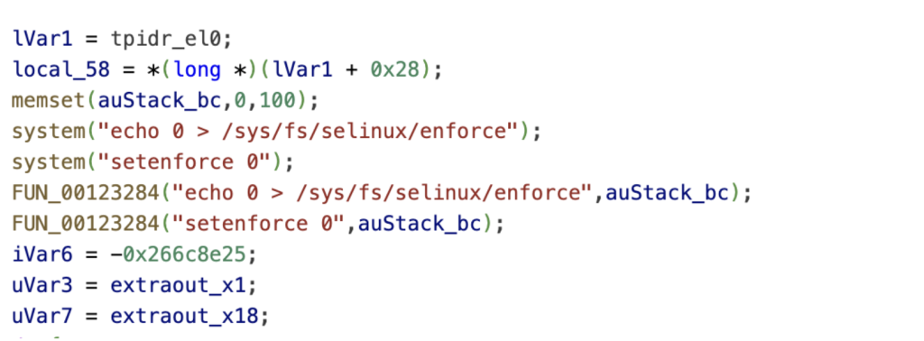Figure 8: SELinux enforcement disabled as part of the exploit chain.