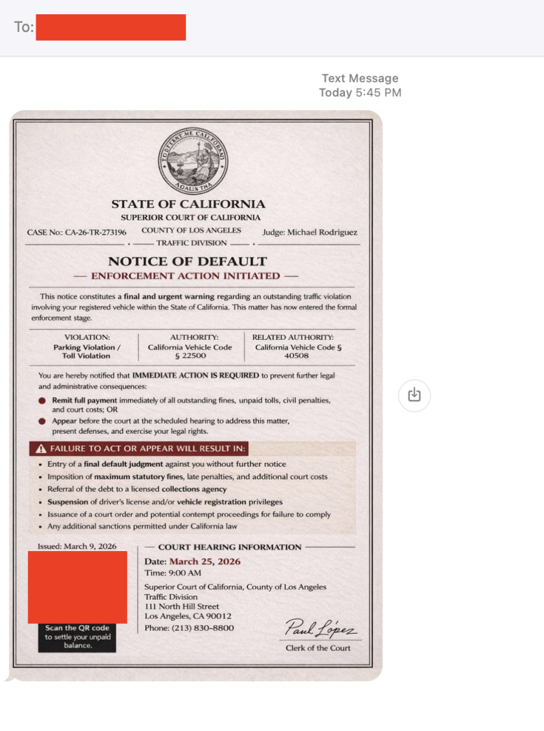 Here's the fake text our author received