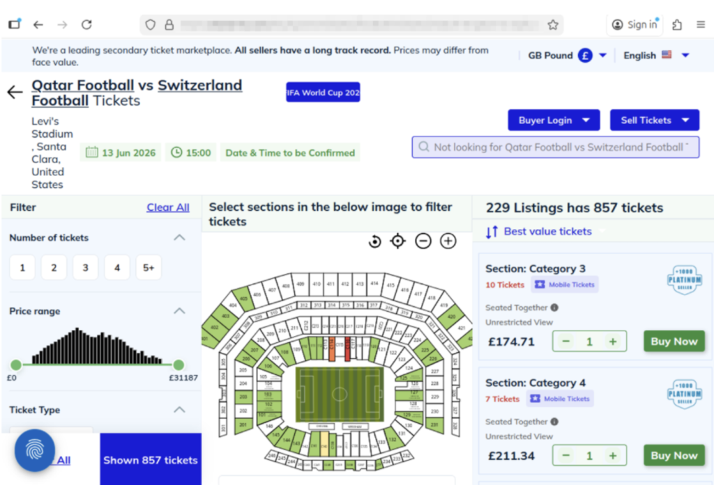 Aqui você pode ver como o site parece realista. Mas esses ingressos não estão realmente à venda. 