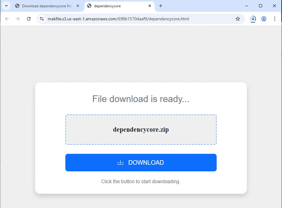 Figure 7: Website prompting users to download dependencycore.zip 