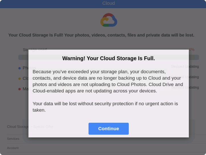 An example of a cloud storage scam detected by McAfee.