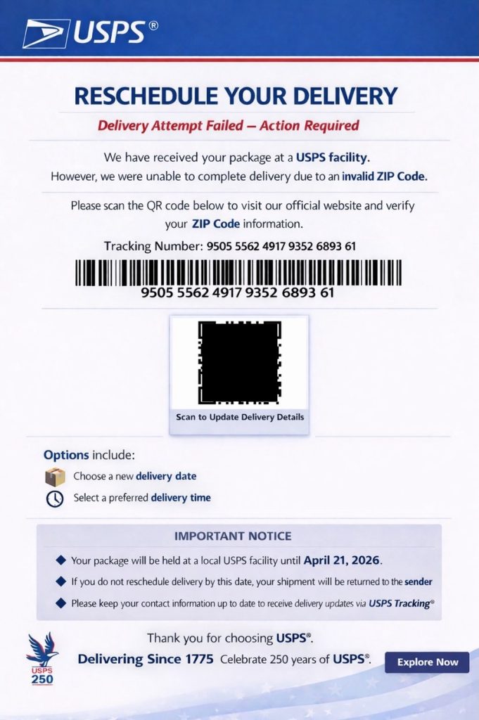 A real image of a scam message impersonating the USPS
