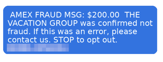 Example of a fraudulent AMEX message.