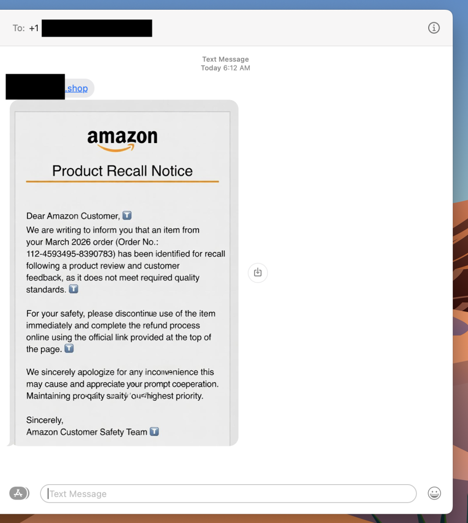 A photo of a scam recall text I received this week. Luckily Scam Detector flags the link as risky if you try to click. 