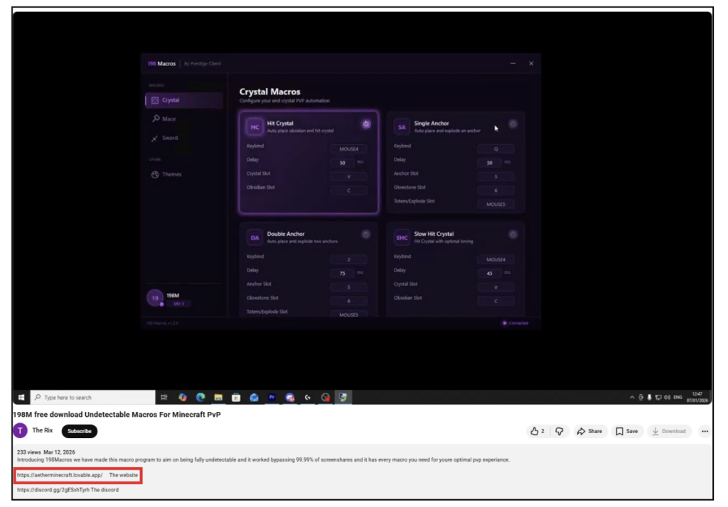 Figure 2: YouTube video promoting malicious Minecraft Clients 