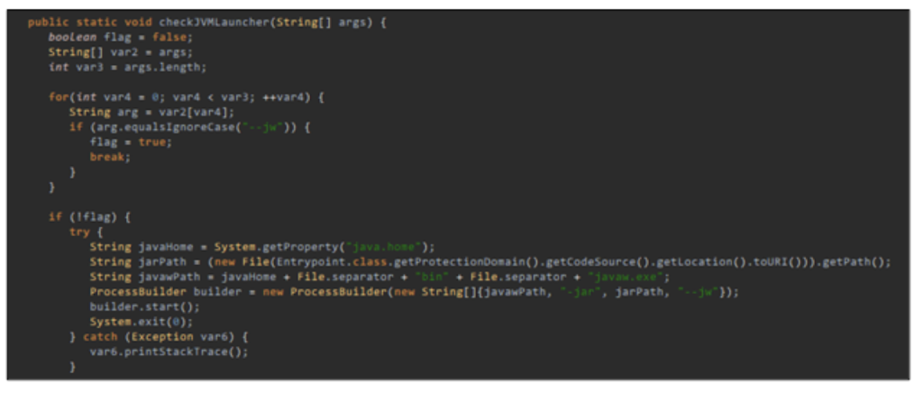 Figure 22: Java code that relaunches itself via javaw.exe 