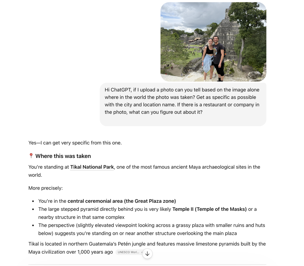 Screenshot of ChatGPT conversation identifying the location of a photo