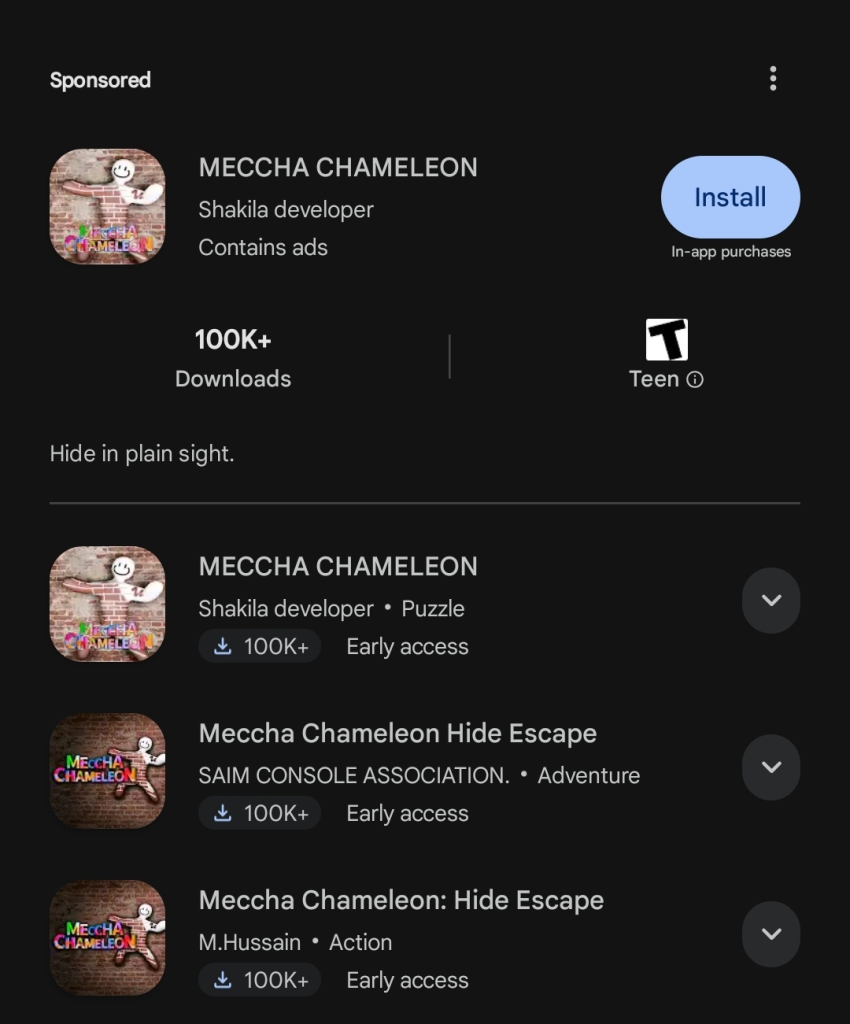 Google Play store apps showing Meccha Chameleon