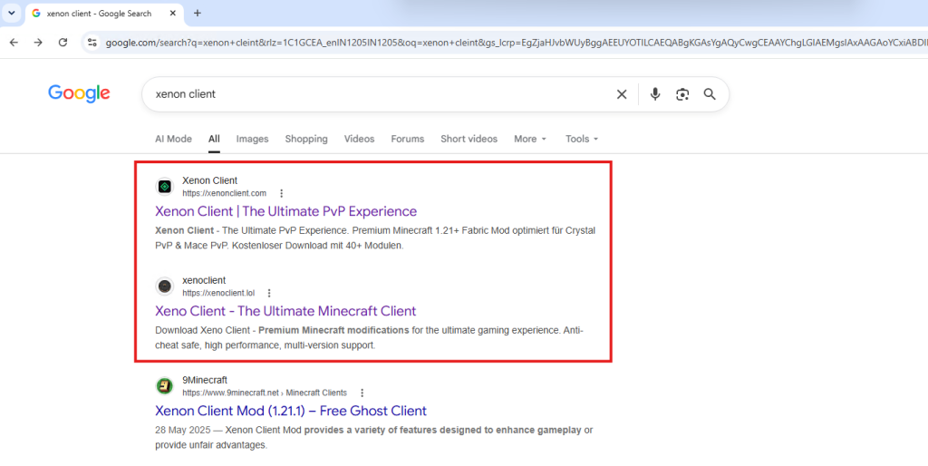 Figure 11: Google search results for ‘Xenon Client’ 