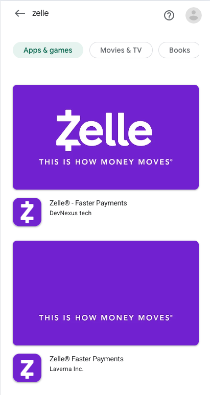 Figure 1: Firsts result on Google Play of ‘Zelle’ search are Fake Applications