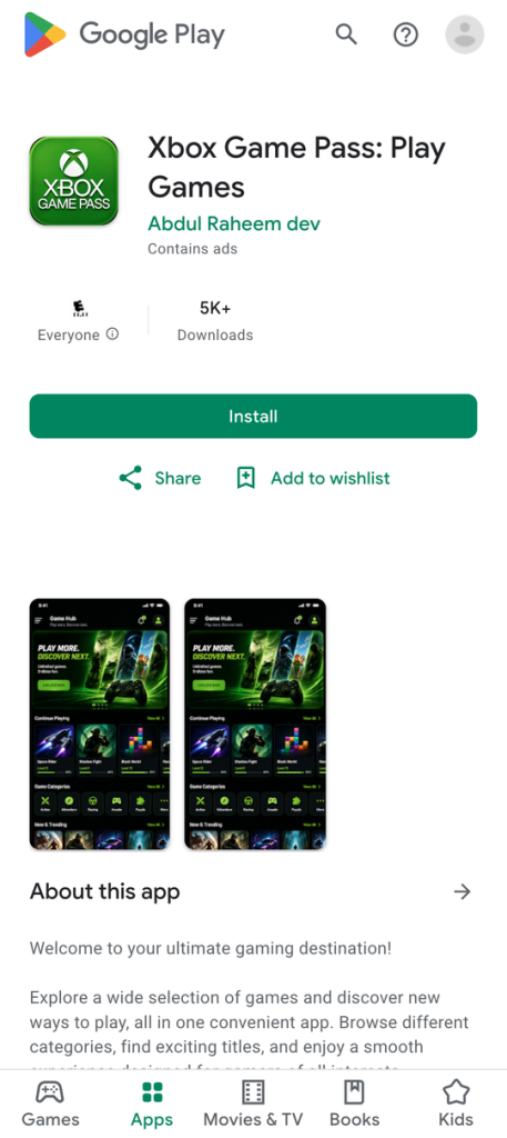 Figure 2: Fake Xbox App with over 5,000 installations