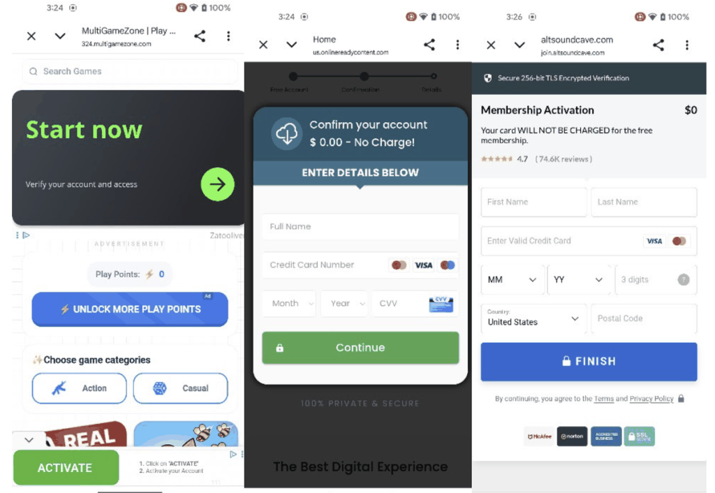 Figure 5: Ads severed from the website loaded in full screen that funnel to subscription fraud.