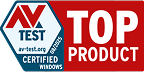AV-Test Certified Windows Top Product badge in red and blue.